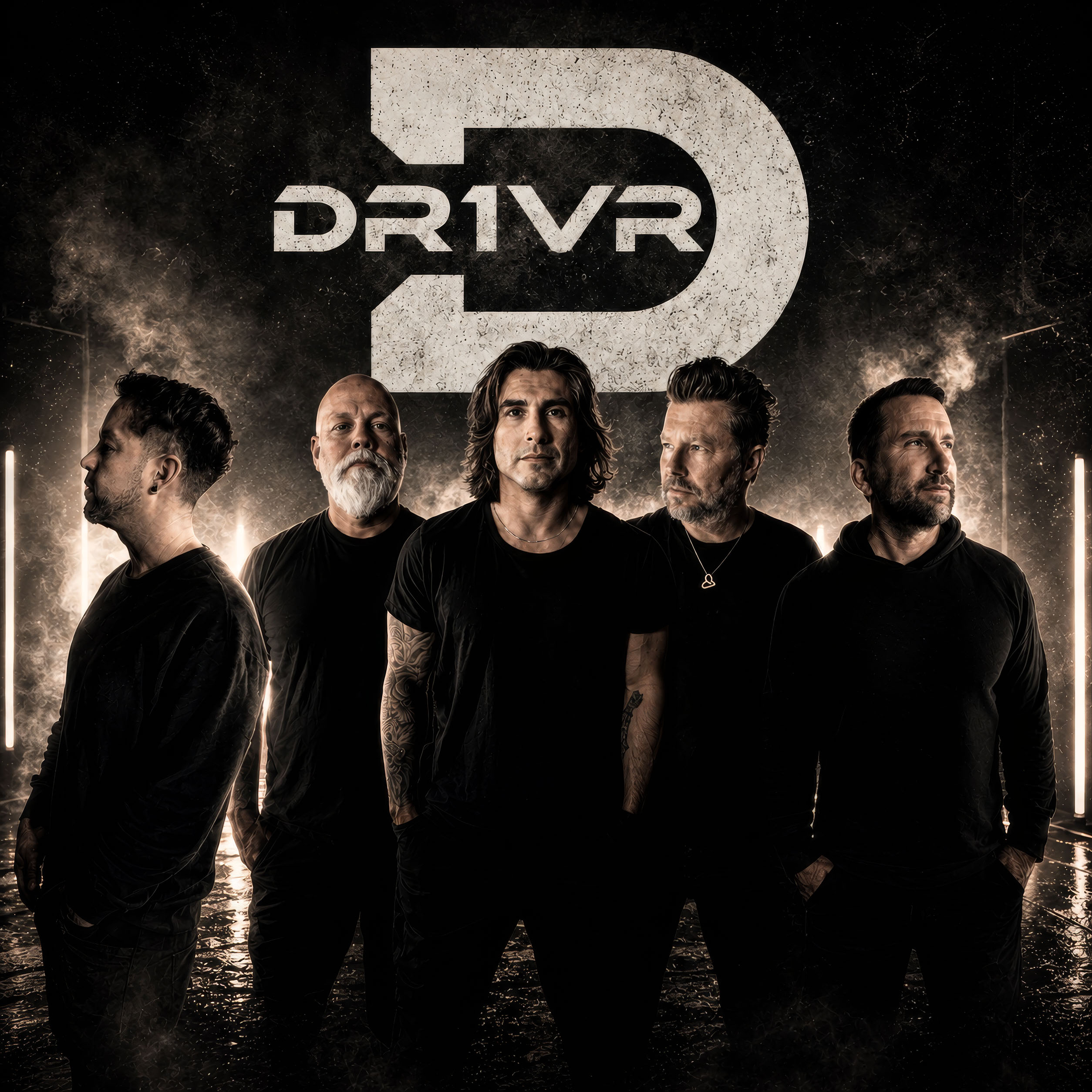 The five members of Dr1vr beneath the band logo